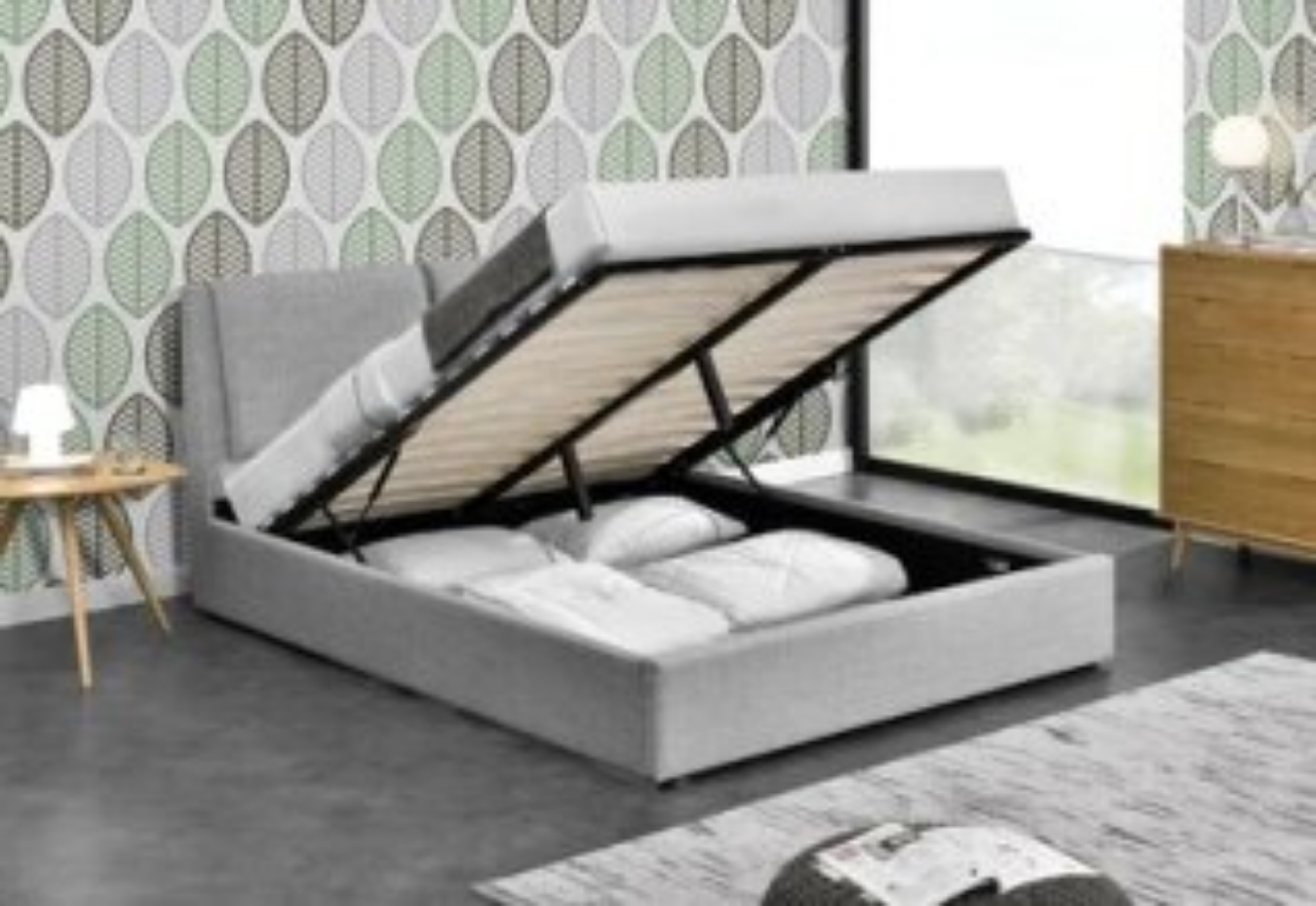 The Rebecca Light Grey Queen Fabric Gas Lift Storage Collection bed frame features Australian inspired furniture engineering. 